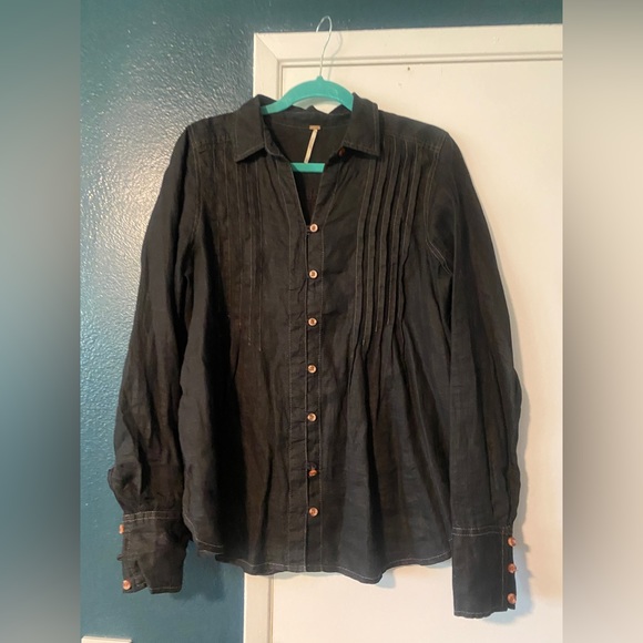 Free people black linen button down blouse - Picture 3 of 7